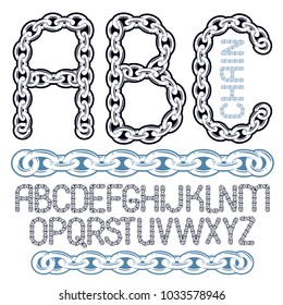 Vector script, modern alphabet letters, abc set. Capital creative font made with iron chain, linked connection.