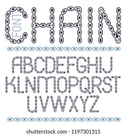 Vector script, modern alphabet letters set. Capital creative font made with iron chain, linked connection.