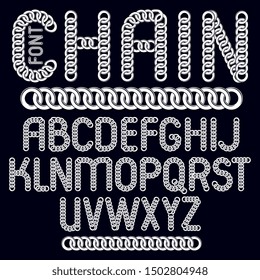 Vector script, modern alphabet letters set. Capital creative font made with iron chain, linked connection.