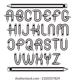Vector script, modern alphabet letters set constructed with sharp pencils, office tools design. Can be used for logo creation in engineering or construction business.