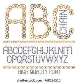 Vector script, modern alphabet letters, abc set. Capital decorative font created using chrome chain, linkage.