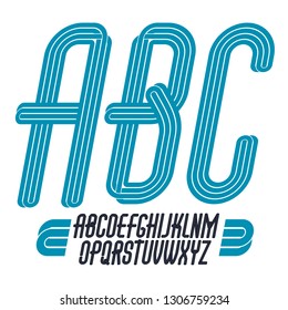 Vector script, modern freaky alphabet letters set with parallel lines, for use as retro poster design elements for fun club or concert advertising.