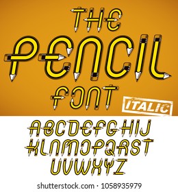 Vector script, trendy alphabet letters set created with pencils, education idea. For use in reporting and journalism.