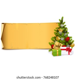 Vector Scroll with Fir Tree isolated on white background