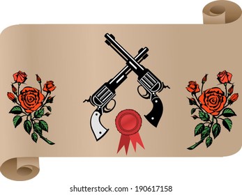 Vector Scroll of Love with Tattoo Rose With Gun