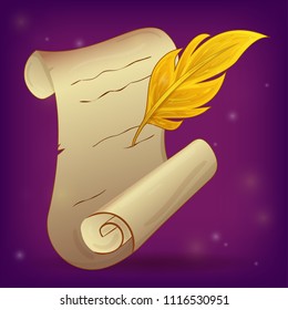 Vector scroll of old paper and magic feather. Illustration, isolated on purple background.