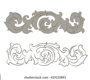 Vector scroll ornament engraving floral antique style.
