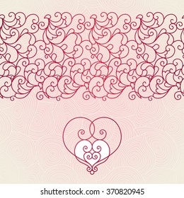 Vector scroll work seamless border in Eastern style. Mono line element for design. Ornamental vintage frame for invitation, greeting card, Valentine's card. Traditional red decor with ornate heart.