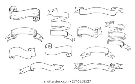 Vector scrolls paper, banners set. Hand painted linear parchment illustration. Graphic monochrome sketch isolated on background. For designers, prints, logo, icon, menu, postcards, holiday, covers