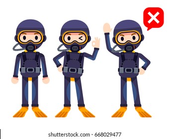 Vector scuba driver character in different action poses isolated on white background.