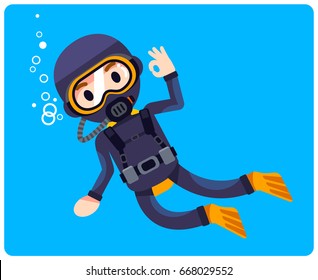 Vector scuba driver character on blue background