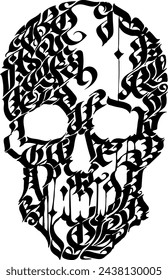 Vector scull hand drawn by black ink on white. Gothic calligraphy ornament. Isolated element for design print, tattoo, halloween decor.