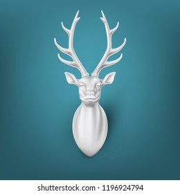 Vector sculpture 3d deer head with horns. Realisitc christmas, new year animal. Hunting trophy, winter forest reindeer. Horned antler mammal for poster, greeting card design. illustration on blue