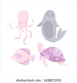 Vector sea animal. Jellyfish, seal fur, fish, turtle Cartoon illustration of marine life objects for your design. Isolated elements for kids book decoration, postcard, educational game, sticker.