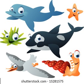 vector sea animal set 17: dolphin, killer-whale, seagull, starfish, mollusk