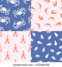 Vector sea animal set seamless pattern with prawn, king crab, crawfish and muscles. Cute monochrome repeated textures in simple flat style. Perfect for fabric design and wallpaper.  