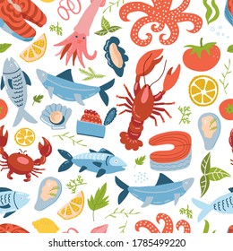 Vector sea animal set seamless pattern with prawn, king crab, crawfish and muscles. Cute monochrome repeated textures in simple flat style. Perfect for fabric design and wallpaper.