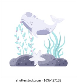 Vector sea animal whale in coral. Little animal. Cartoon illustration of marine life objects for your design. Isolated elements for kids book decoration, postcard, educational game, sticker.
