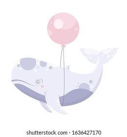 Vector sea animal whale on ballon. Little animal. Cartoon illustration of marine life objects for your design. Isolated elements for kids book decoration, postcard, educational game, sticker.