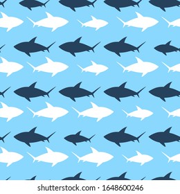 Vector sea animal wild. Seamless pattern with sharks silhouette on blue  background. Vector colorful illustration. Adorable character for cards, wallpaper, textile, fabric. Flat style.