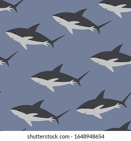Vector sea animal wild. Seamless pattern with sharks on blue background. Vector colorful illustration. Adorable character for cards, wallpaper, textile, fabric. Cartoon style.