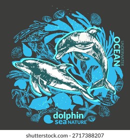 Fundo de animais marinhos vetores. O desenho dos golfinhos com conchas, algas, estrelas-do-mar, cavalo-marinho, tartaruga marinha, silhuetas de corais. Vida selvagem oceânica.