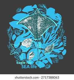 Fondo de animales marinos de Vector. Dibujo de rayo de águila con conchas, algas, estrellas de mar, medusas, peces coral, pulpo, corales siluetas. Vida marina salvaje.