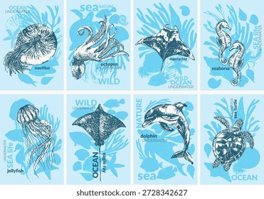 Conjunto de fondo de animales marinos de Vector. Boceto de tinta y siluetas de delfín, pulpo, caballito de mar, tortuga marina, medusas, estrellas de mar, manta, raya águila, nautilus, peces coralinos, conchas marinas, algas marinas, corales. 