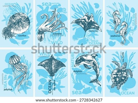 Vector sea animals background set. Ink sketch and silhouettes of dolphin, octopus, seahorse, sea turtle, jellyfish, starfish, manta, eagle ray, nautilus, coral fish, seashells, seaweed, corals. 