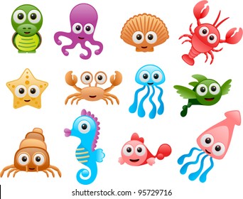 Vector Sea Animals Cartoon Set - Separate Layers For Easy Editing