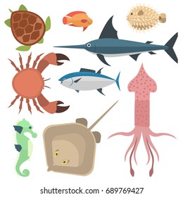 Vector sea animals creatures characters cartoon ocean underwater aquarium life water graphic aquatic tropical beasts illustration