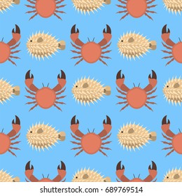 Vector sea animals creatures crab seamless pattern ocean underwater aquarium life water aquatic tropical beasts illustration