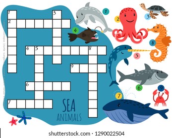 Vector sea animals crossword template with cartoon characters. Illustration of