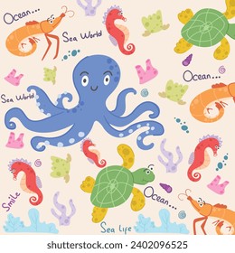 vector sea animals with cute style seamless pattern