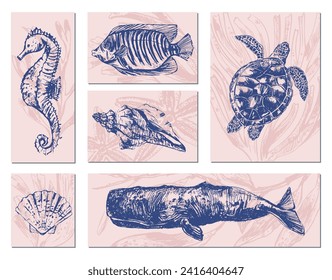 Conjunto de ilustraciones de animales de mar vectores. Esbozo azul marino de ballena, caballito de mar, tortuga marina, pez estrella, conchas, peces de coral. Afiche de la criatura del océano de la vida salvaje.