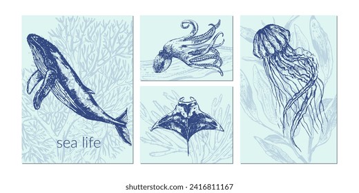 Vector sea animals illustration set. Navy blue sketch of whale, octopus, jellyfish, starfish, manta ray. Wild life ocean creature vintage poster.