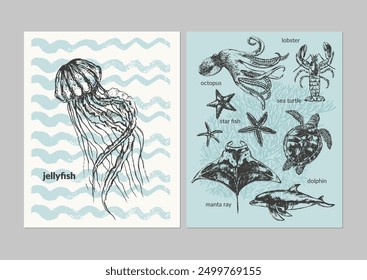 Vector sea animals poster set. Black ink sketch of jellyfish, sea turtle, octopus, dolphin, starfish, manta ray, coral. Wild life ocean creature drawing on wavy background.