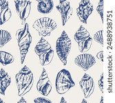 Vector sea animals seamless pattern. Sea shells in blue on white. Sea life background.