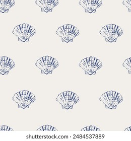 Vector sea animals seamless pattern. Sea shells in blue on white. Sea life background.