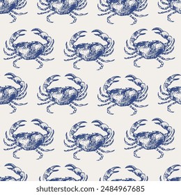 Vector sea animals seamless pattern. Ocean crab in blue on white. Sea life background.