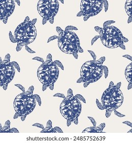 Vector sea animals seamless pattern. Sea turtle in blue on white. Sea life background.