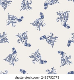 Vector sea animals seamless pattern. Octopus in blue on white. Sea life background.