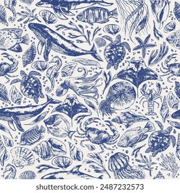 Vector sea animals seamless pattern. Sea life background in blue color with whale, dolphin, octopus, crab, seahorse, sea turtle, jellyfish, starfish, manta ray,  nautilus, shells.