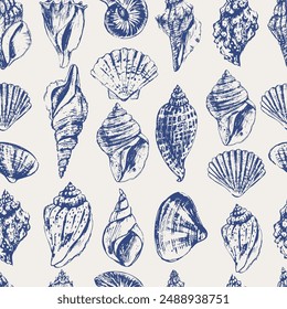 Vector sea animals seamless pattern. Sea shells in blue on white. Sea life background.