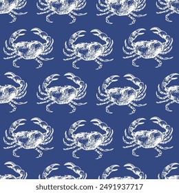 Vector sea animals seamless pattern. Ocean crab in white on blue. Sea life background.