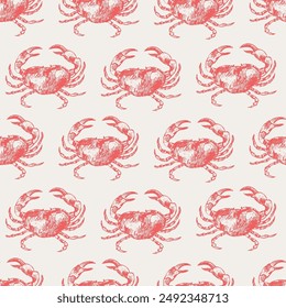 Vector sea animals seamless pattern. Ocean crab in red on white. Sea life background.