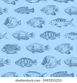 Vector sea animals seamless pattern. Ocean coral fish in blue colors. Sea life background.