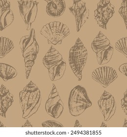 Vector sea animals seamless pattern. Sea shells in craft paper brown color. Sea life background.