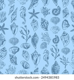 Vector sea animals seamless pattern. Sea shells in blue colors. Sea life background.