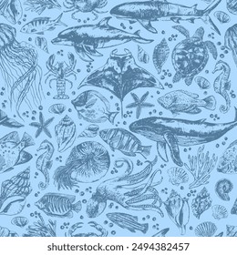 Vector sea animals seamless pattern. Sea life background in blue color with whale, dolphin, octopus, shark, seahorse, sea turtle, jellyfish, starfish, manta ray,  nautilus, shells.